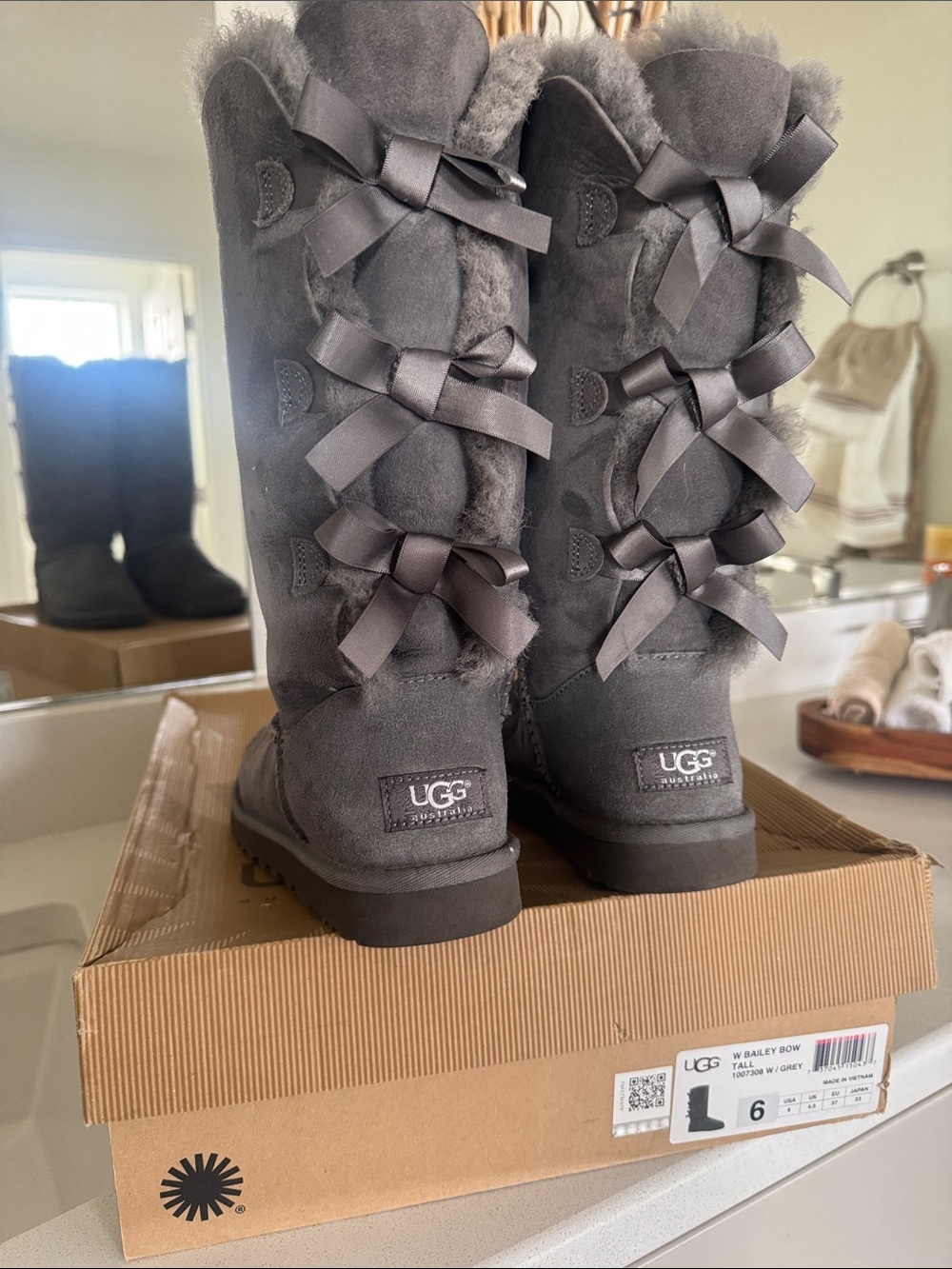 UGG Women's Grey Tall Bailey Bow Shearling Boots